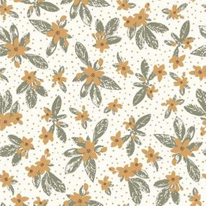 Ditsy Boho Floral - Small scale - Earth tones ochre and green 