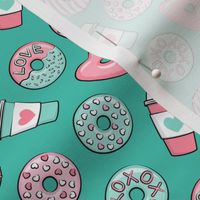 (small scale) donuts and coffee - valentines day - pink and teal on dark teal C21