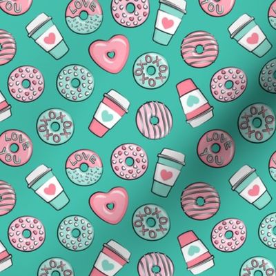 (small scale) donuts and coffee - valentines day - pink and teal on dark teal C21