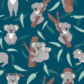 Koalas and gum leaves. Large scale