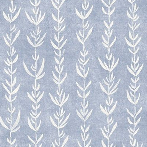 Bamboo Block Print, Cream on Mineral Blue | Bamboo fabric, block printed leaf pattern, coastal decor, natural decor, plant fabric, off white and soft blue.