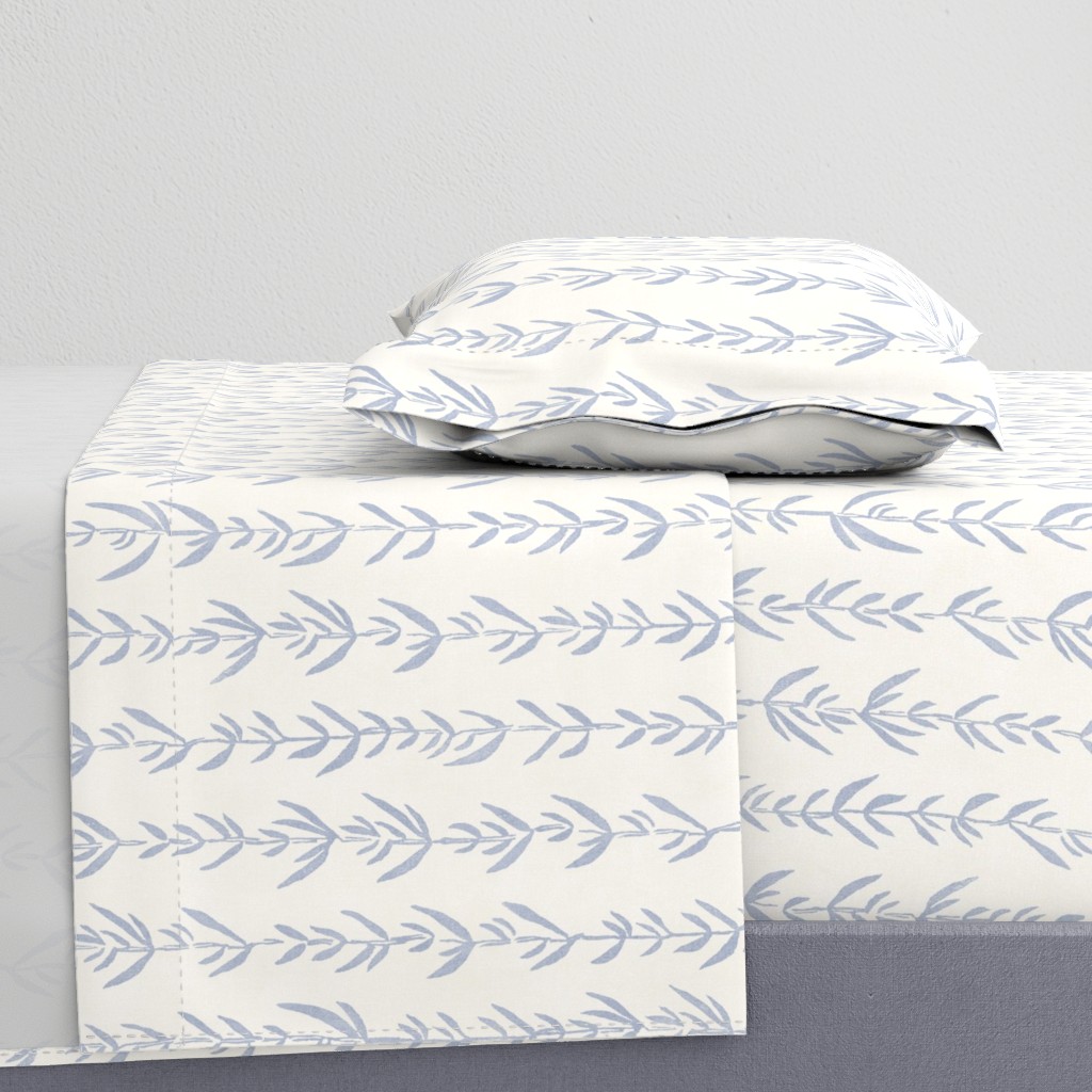 Bamboo Block Print, Mineral Blue on Cream (xl scale) | Bamboo fabric, block printed leaf pattern, neutral decor, natural plant fabric, off white and soft blue.