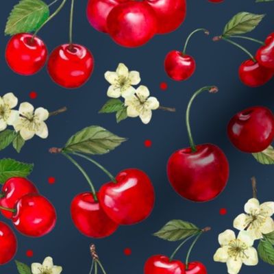 Large Scale Red Cherries on Navy