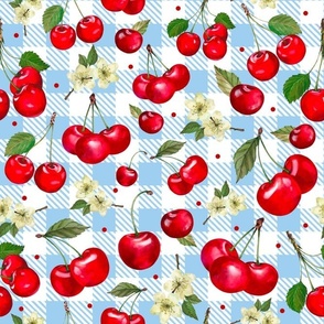 Large Scale Cherries on Blue and White Gingham Checker