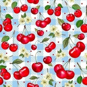 Medium Scale Cherries on Blue and White Gingham Checker