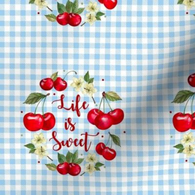 4" Circle Panel Life is Sweet Cherries on Blue Gingham for Embroidery Hoop Potholder 