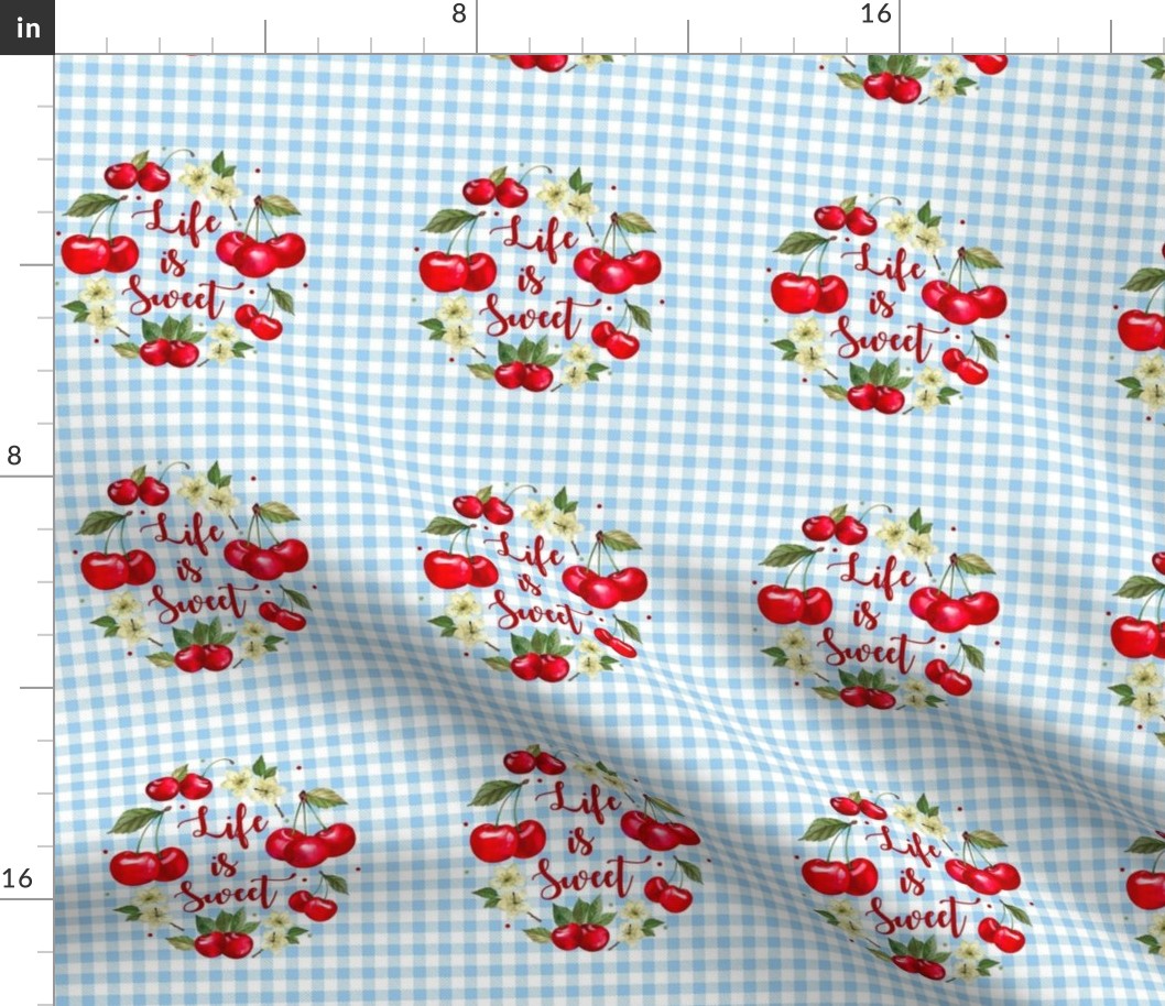 4" Circle Panel Life is Sweet Cherries on Blue Gingham for Embroidery Hoop Potholder 