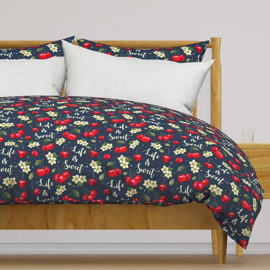 Large Scale Life is Sweet Cherries on Navy Background