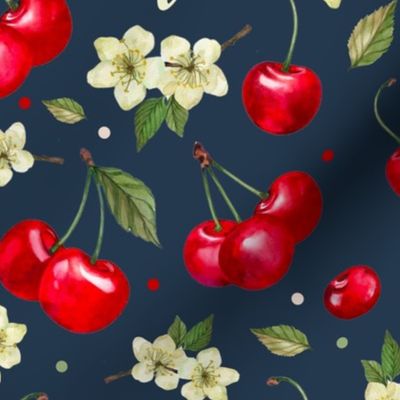 Large Scale Life is Sweet Cherries on Navy Background