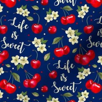 Medium Scale Life is Sweet Cherries on Navy Background