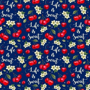 Medium Scale Life is Sweet Cherries on Navy Background