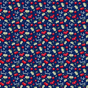 Small Scale Life is Sweet Cherries on Navy Background