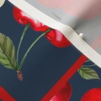 Large 27x18 Fat Quarter Panel - Life is Sweet Cherries on Navy For Tea Towel or Wall Art Hanging