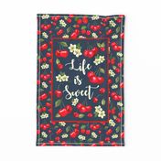 Large 27x18 Fat Quarter Panel - Life is Sweet Cherries on Navy For Tea Towel or Wall Art Hanging