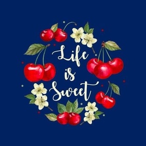 6" Circle Panel Life is Sweet Cherries on Navy for Embroidery Hoop Potholder or Wall Art