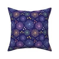 Rainbow fireworks and stars on navy blue (medium)