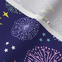 Rainbow fireworks and stars on navy blue (medium)