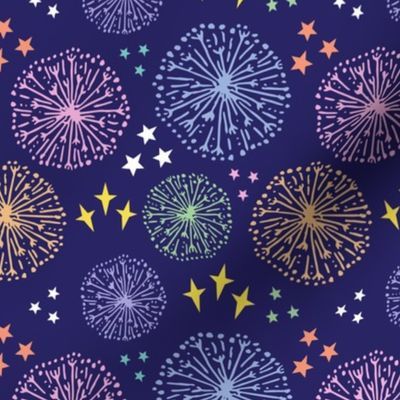 Rainbow fireworks and stars on navy blue (medium)