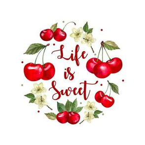 6" Circle Panel Life is Sweet Cherries White for Embroidery Hoop Potholder Quilt Square or Wall Art