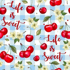 Large Scale Life is Sweet Cherries on Blue Gingham