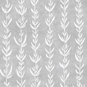 Bamboo Block Print, White on Soft Gray | Bamboo fabric, block printed leaf pattern, neutrals, natural decor, plant fabric, soft gray and white.