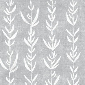 Bamboo Block Print, White on Soft Gray (large scale) | Bamboo fabric, block printed leaf pattern, neutrals, natural decor, plant fabric, soft gray and white.