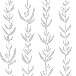 Bamboo Block Print, Soft Gray on Fresh White (large scale) | Bamboo fabric, block printed leaf pattern, neutral decor, natural plant fabric, white and soft gray.