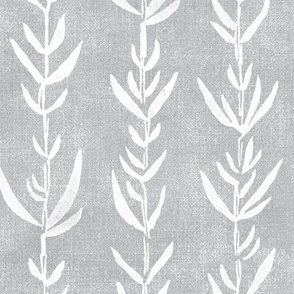 Bamboo Block Print, White on Soft Gray (xl scale) | Bamboo fabric, block printed leaf pattern, neutrals, natural decor, plant fabric, soft gray and white.
