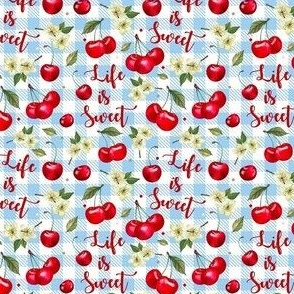 Small Scale Life is Sweet Cherries on Blue Gingham