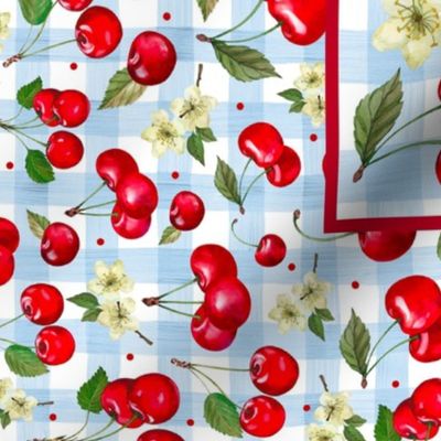 Large 27x18 Fat Quarter Panel Life is Sweet Cherries on Blue Gingham For Tea Towel or Wall Art Hanging