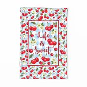Large 27x18 Fat Quarter Panel Life is Sweet Cherries on Blue Gingham For Tea Towel or Wall Art Hanging