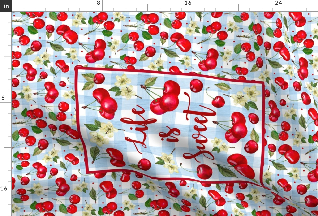 Large 27x18 Fat Quarter Panel Life is Sweet Cherries on Blue Gingham For Tea Towel or Wall Art Hanging