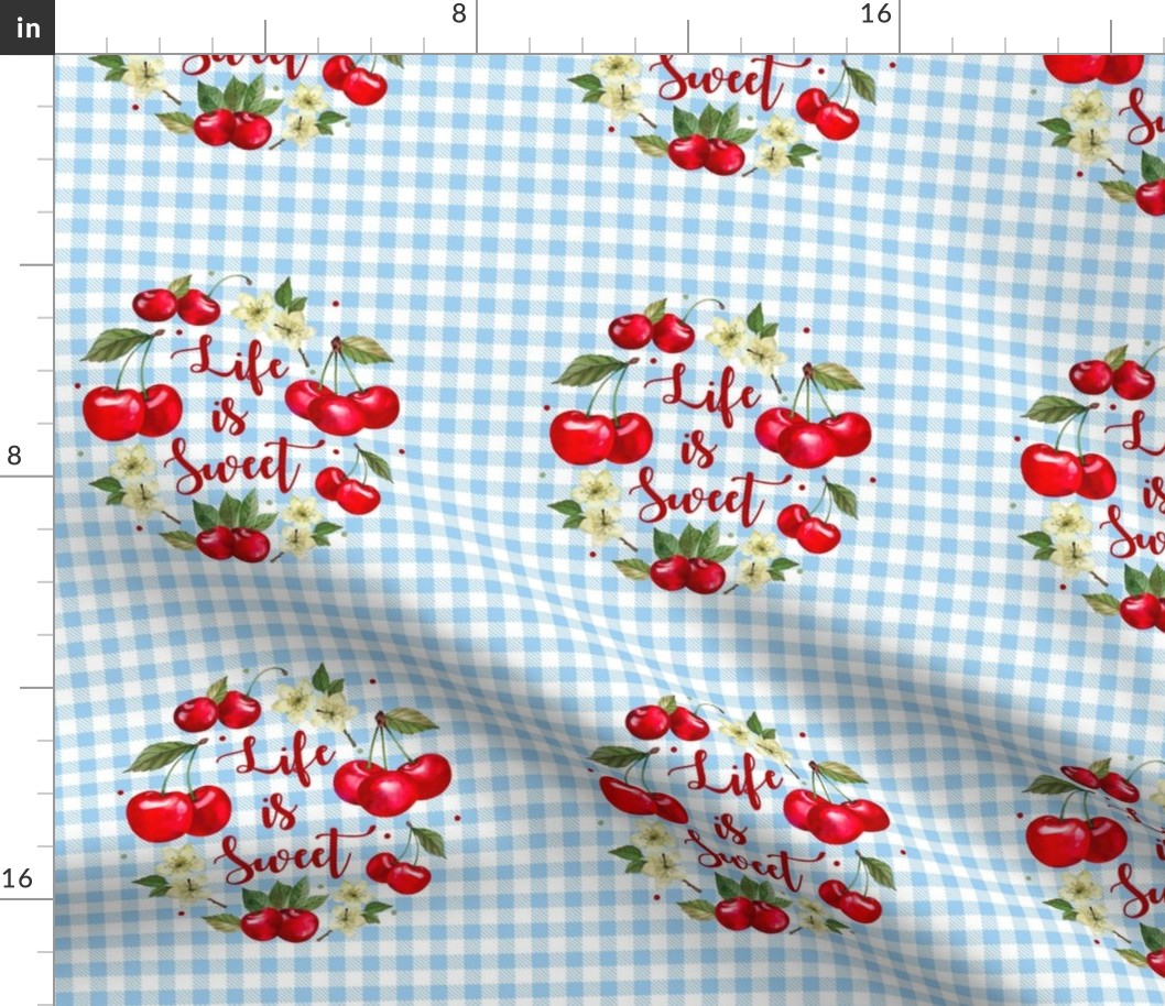 6" Circle Panel Life is Sweet Cherries on Blue Gingham for Embroidery Hoop Potholder Quilt Square or Wall Art