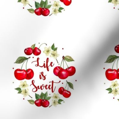 4" Circle Panel Life is Sweet Cherries for Embroidery Hoop Potholder Quilt Square