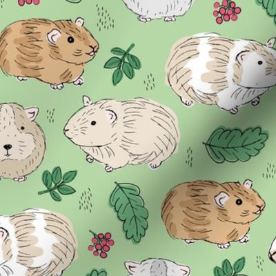 Cute hand drawn guinea pig friends garden leaves sweet wild pets for kids mint green beige gray neutral