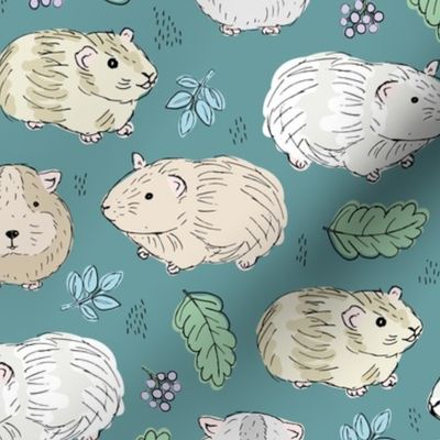 Cute hand drawn guinea pig friends garden leaves sweet wild pets for kids stone blue green boys