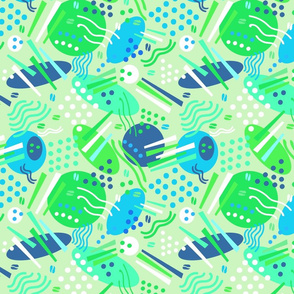 Quirky Abstracts on Neon Green - Memphis style shapes and dots
