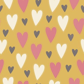 Hand Drawn Colorful Hearts - Yellow Background