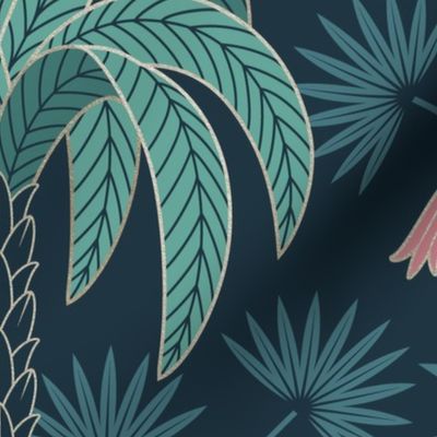 Palm Trees and Flamingo - Art Deco Tropical Damask - deep muted navy blue teal - faux gold foil - extra large scale