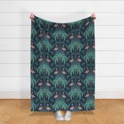 Palm Trees and Flamingo - Art Deco Tropical Damask - deep muted navy blue teal - faux gold foil - extra large scale