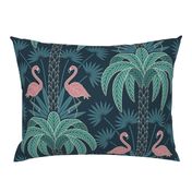 Palm Trees and Flamingo - Art Deco Tropical Damask - deep muted navy blue teal - faux gold foil - extra large scale