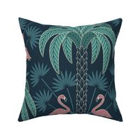 Palm Trees and Flamingo - Art Deco Tropical Damask - deep muted navy blue teal - faux gold foil - extra large scale