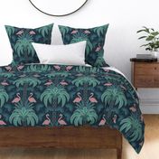 Palm Trees and Flamingo - Art Deco Tropical Damask - deep muted navy blue teal - faux gold foil - extra large scale