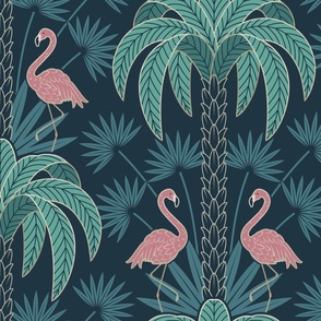 Palm Trees and Flamingo - Art Deco Tropical Damask - deep muted navy blue teal -extra large scale