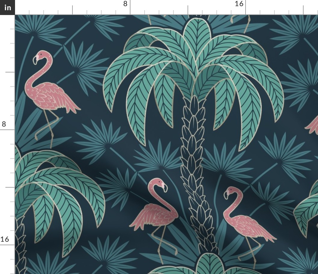 Palm Trees and Flamingo - Art Deco Tropical Damask - deep muted navy blue teal - faux gold foil - extra large scale