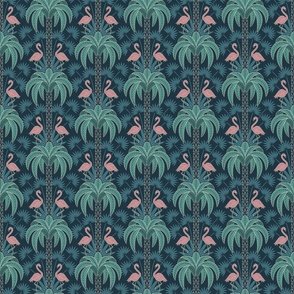 Palm Trees and Flamingo - Art Deco Tropical Damask - deep muted navy blue teal - faux gold foil- small scale