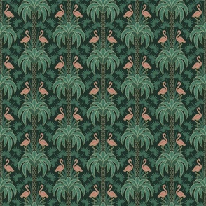 Palm Trees and Flamingo - Art Deco Tropical Damask - deep emerald green - faux gold foil - small scale