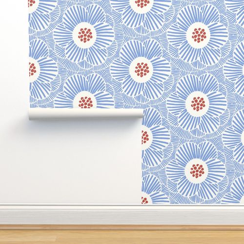 overlapping camellia/bright blue Wallpaper | Spoonflower