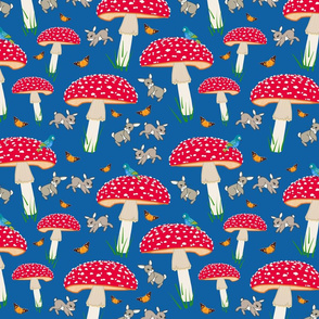 Mushroom Frolic! (Bunnies, Butterflies & Birds) - ocean blue, medium 