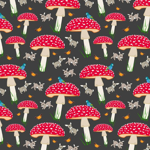 Mushroom Frolic! (Bunnies, Butterflies & Birds) - charcoal grey, medium 